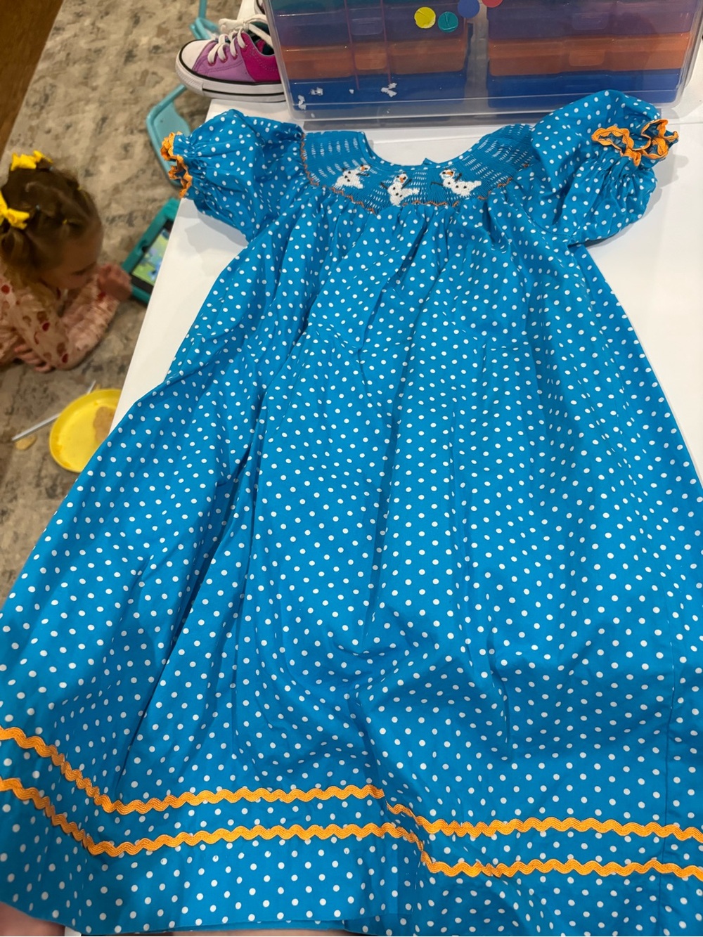 Girls' Blue Polka Dot Casual Dress with Orange Trim